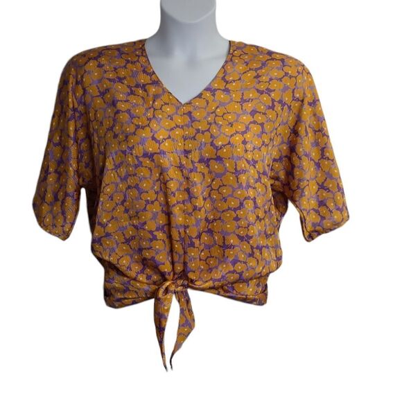 VINTAGE orange floral purple tie front short sleeve‎ blouse M - Picture 1 of 9